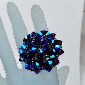 Blue Purple Bicone Crystals Ring Cluster Ring Glitter Beaded Stretch Ring